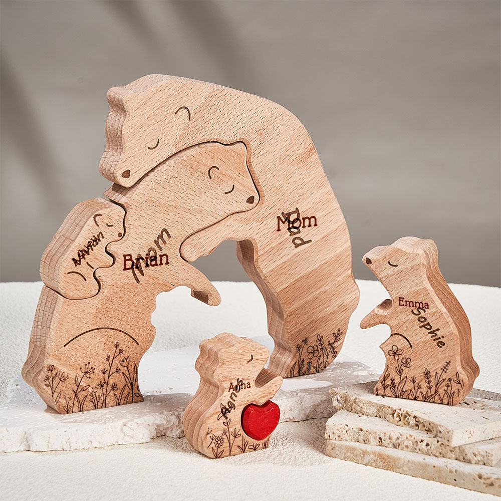 Mother's Day Gifts Hugging Bear Family Floral Version - Personalized Wooden Bear Family Puzzle