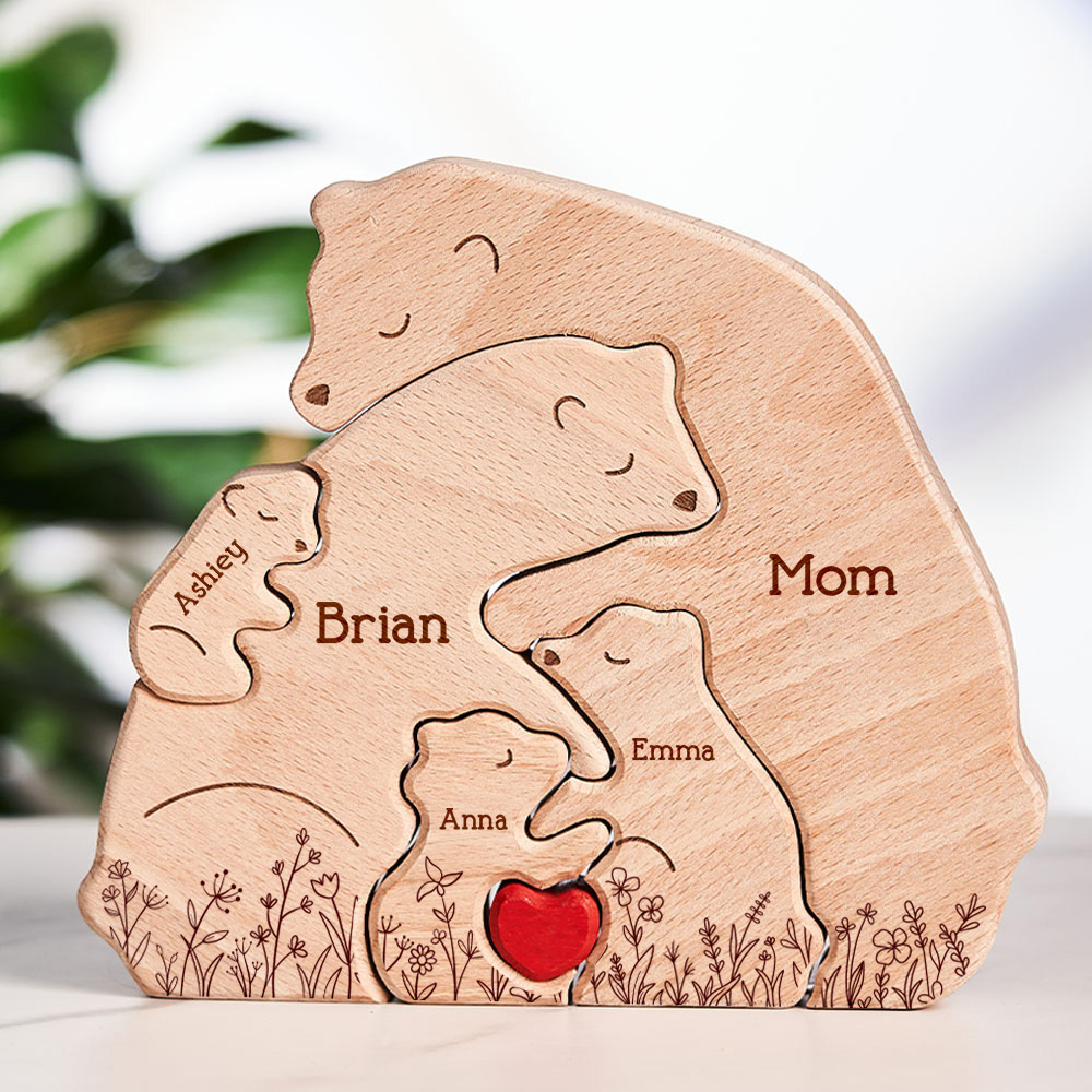 Mother's Day Gifts Hugging Bear Family Floral Version - Personalized Wooden Bear Family Puzzle