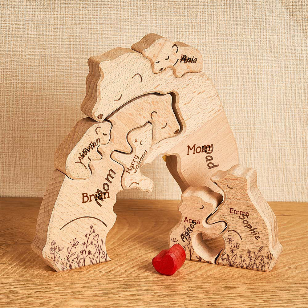 Mother's Day Gifts Hugging Bear Family Floral Version - Personalized Wooden Bear Family Puzzle