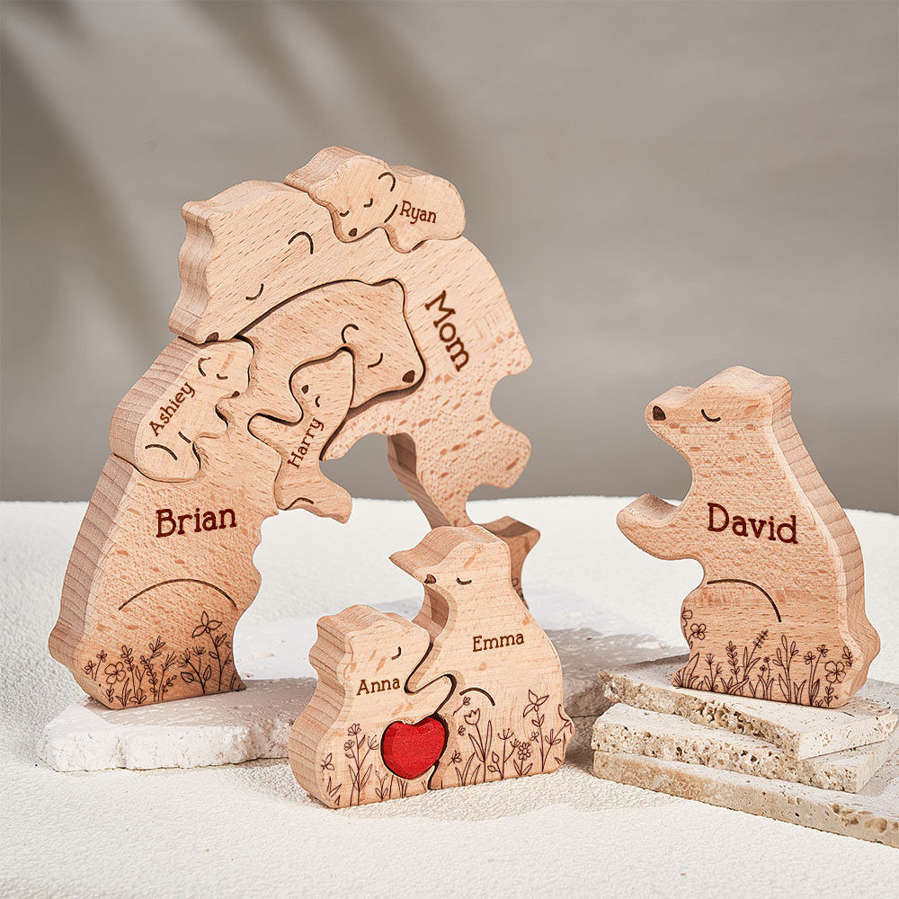 Mother's Day Gifts Hugging Bear Family Floral Version - Personalized Wooden Bear Family Puzzle