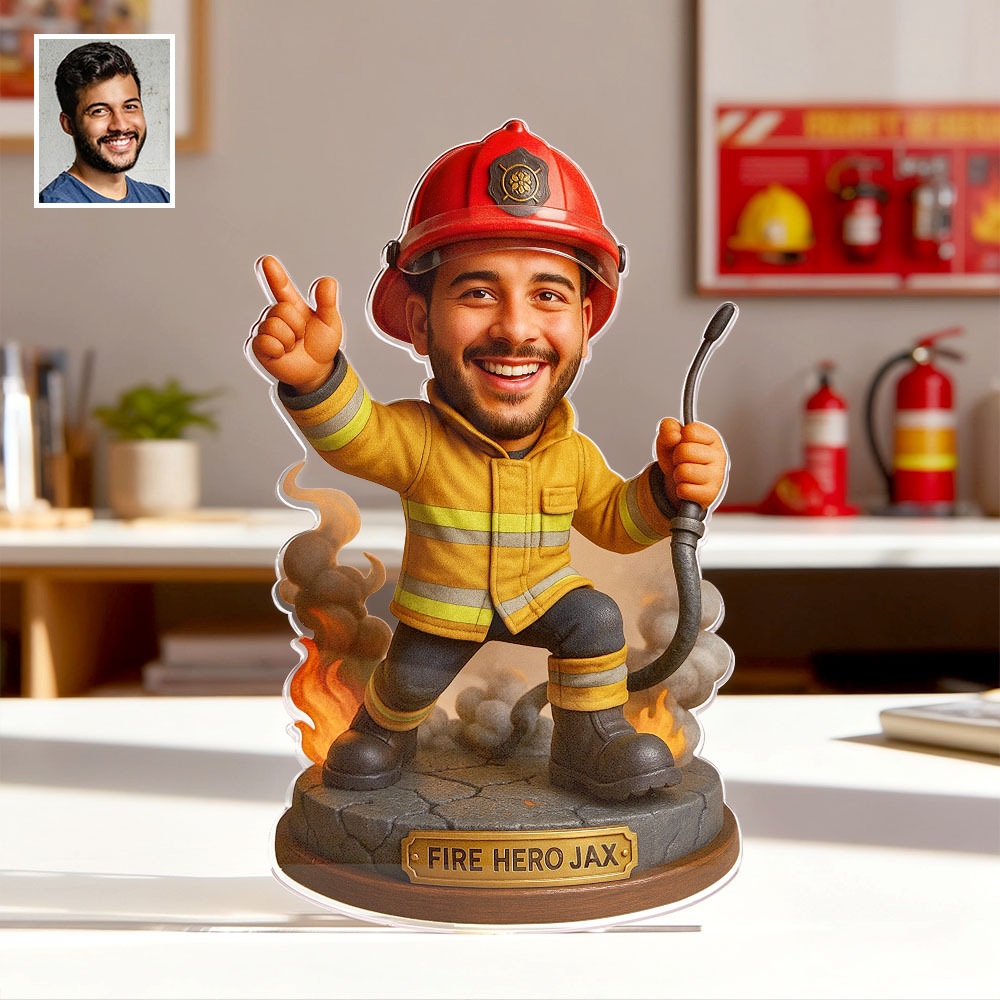 Personalised Acrylic Cartoon Firefighter Figurine Ornament 2D Look 3D Pop - MyfaceboxerUK