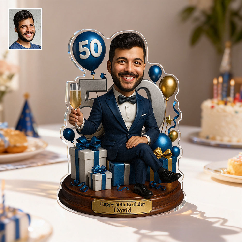 Custom Photo Birthday Man Caricature Portrait Gift Acrylic Plaque 2D Look 3D Pop - MyfaceboxerUK
