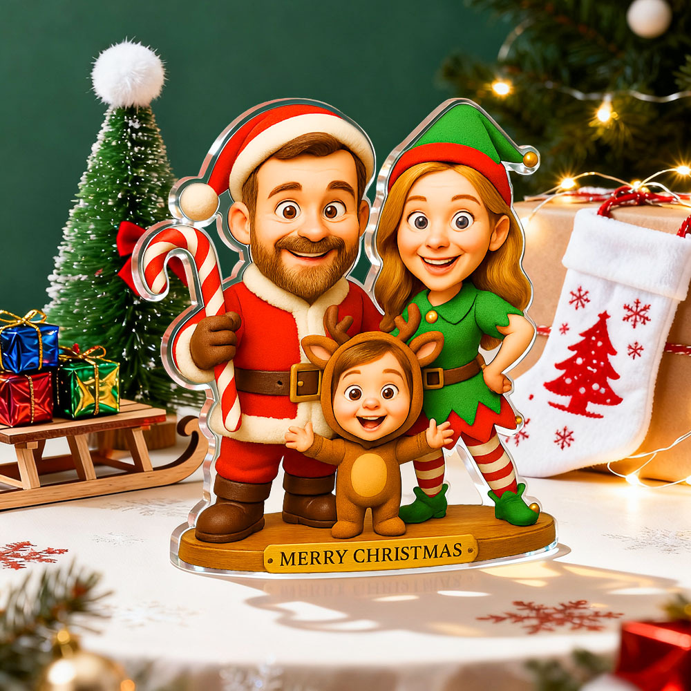Personalized Family Christmas Caricature Portrait Acrylic Plaque 2D Look 3D Pop