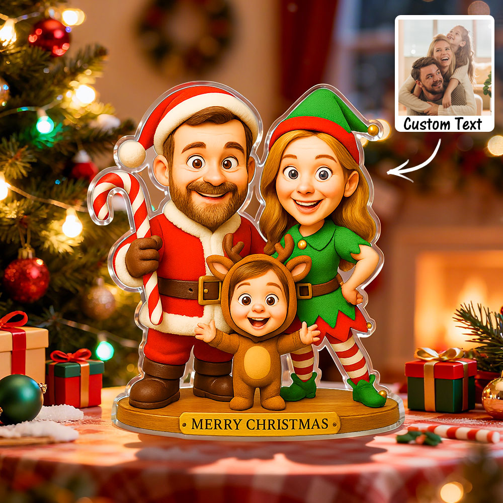 Personalized Family Christmas Caricature Portrait Acrylic Plaque 2D Look 3D Pop