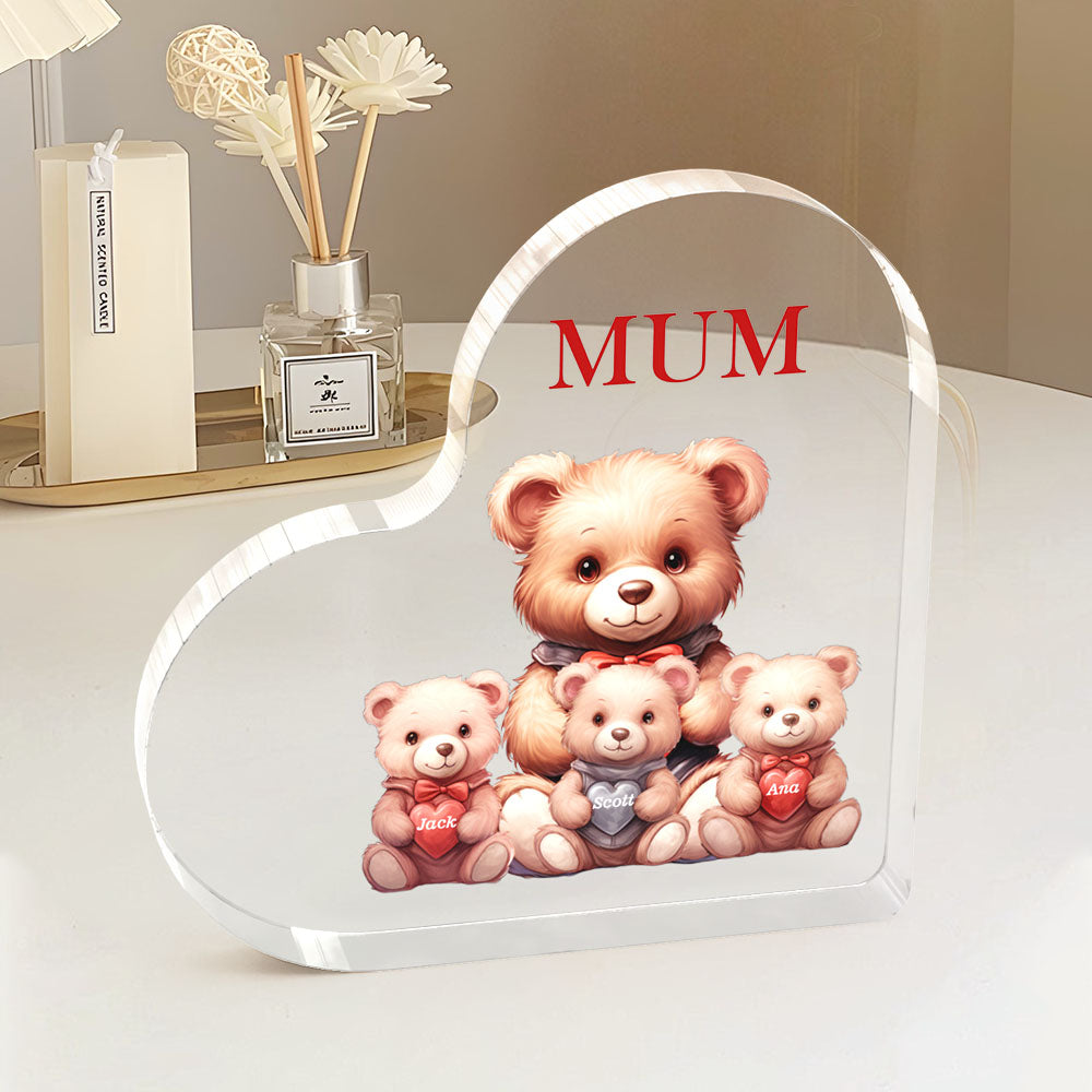 Personalized Name Heart Shaped Acrylic Plaque Keepsake Mother's Day Gifts Bear Family Together