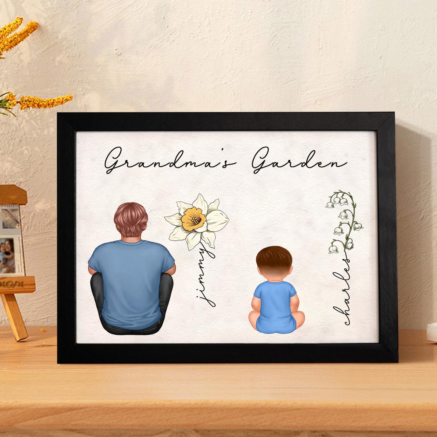 Custom Birth Month Flowers Garden With Grandkids Names Personalized Wooden Photo Frame Mother's Day Gift - MyFaceBoxerUK