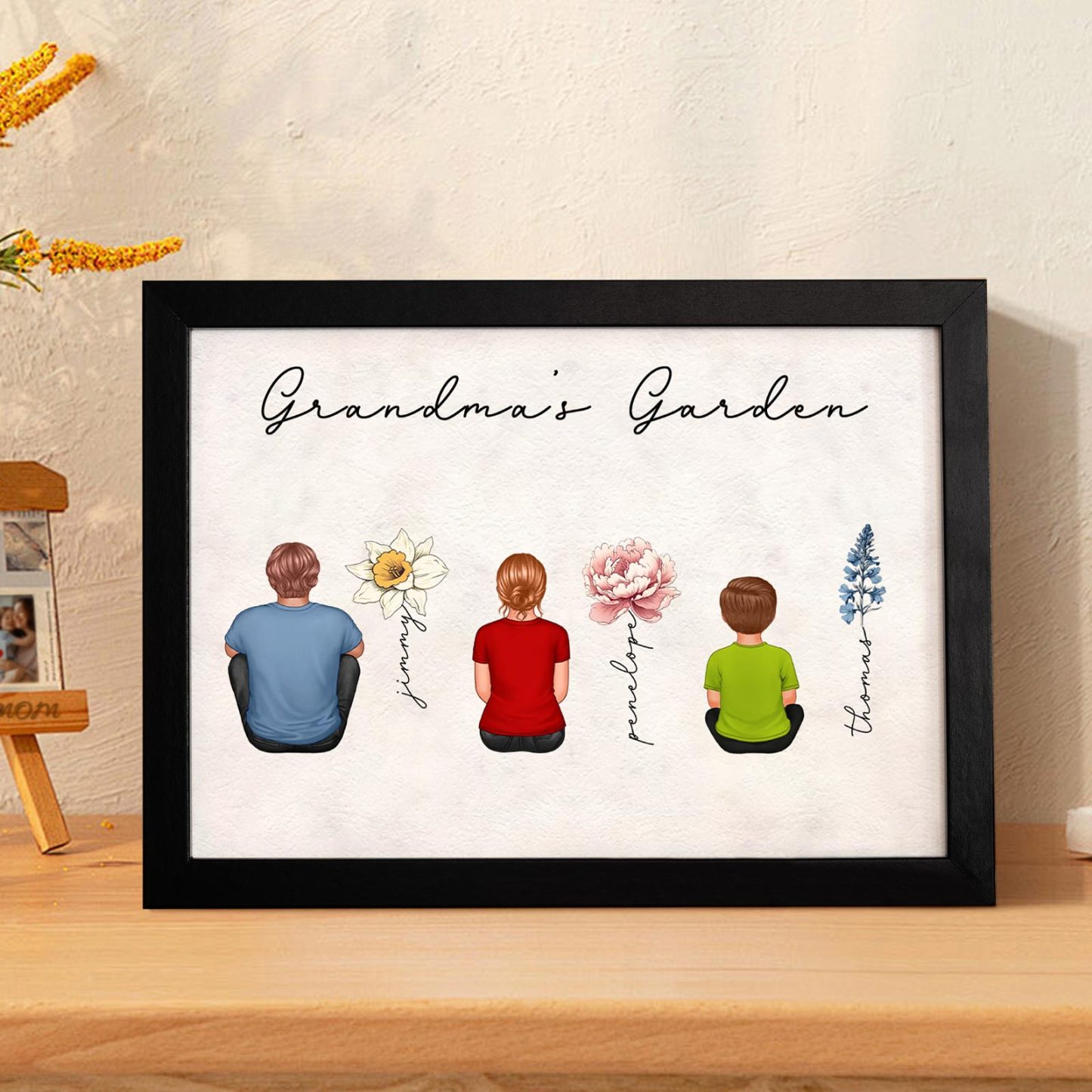 Custom Birth Month Flowers Garden With Grandkids Names Personalized Wooden Photo Frame Mother's Day Gift - MyFaceBoxerUK