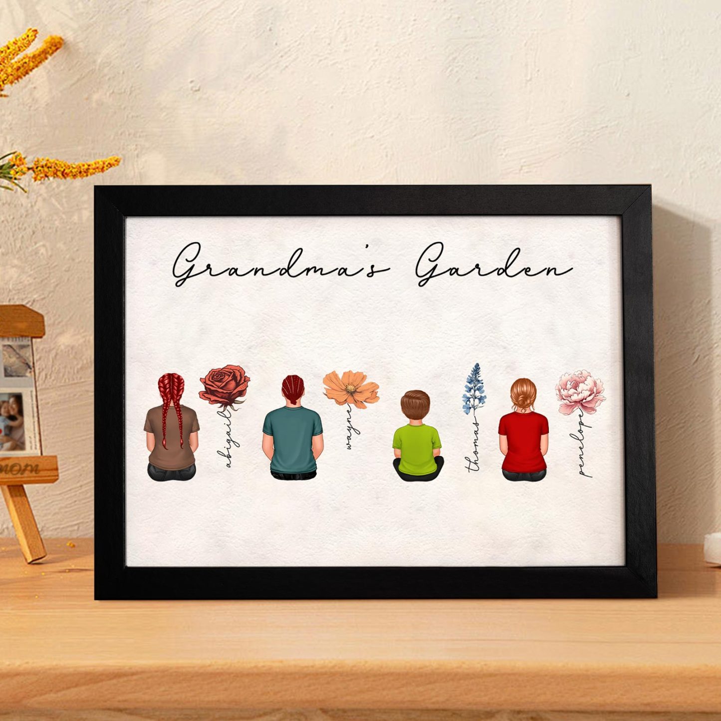 Custom Birth Month Flowers Garden With Grandkids Names Personalized Wooden Photo Frame Mother's Day Gift - MyFaceBoxerUK