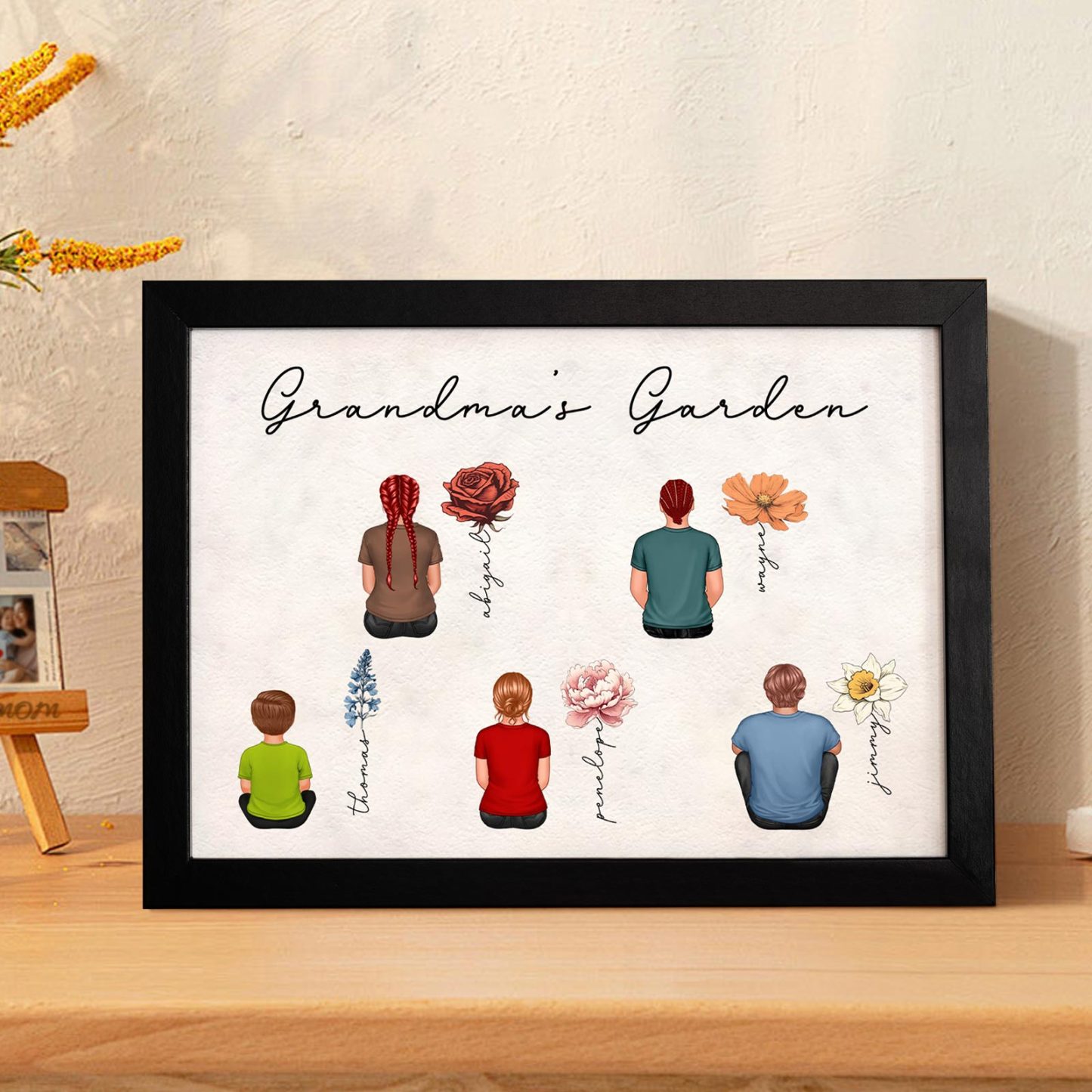 Custom Birth Month Flowers Garden With Grandkids Names Personalized Wooden Photo Frame Mother's Day Gift - MyFaceBoxerUK