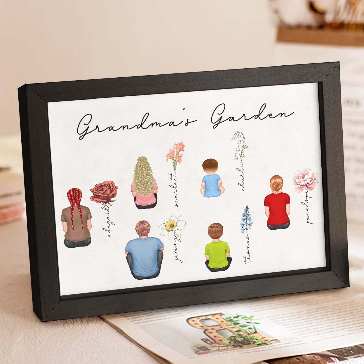 Custom Birth Month Flowers Garden With Grandkids Names Personalized Wooden Photo Frame Mother's Day Gift - MyFaceBoxerUK