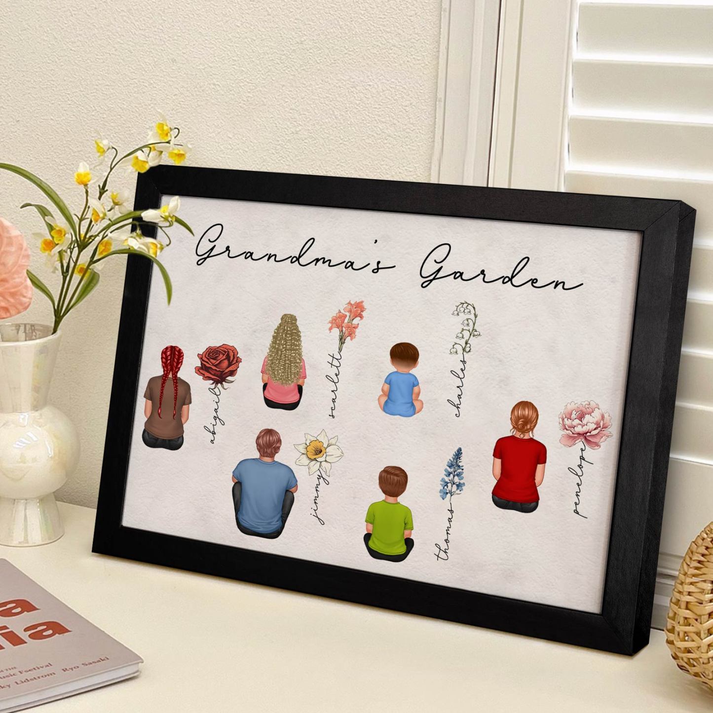 Custom Birth Month Flowers Garden With Grandkids Names Personalized Wooden Photo Frame Mother's Day Gift - MyFaceBoxerUK