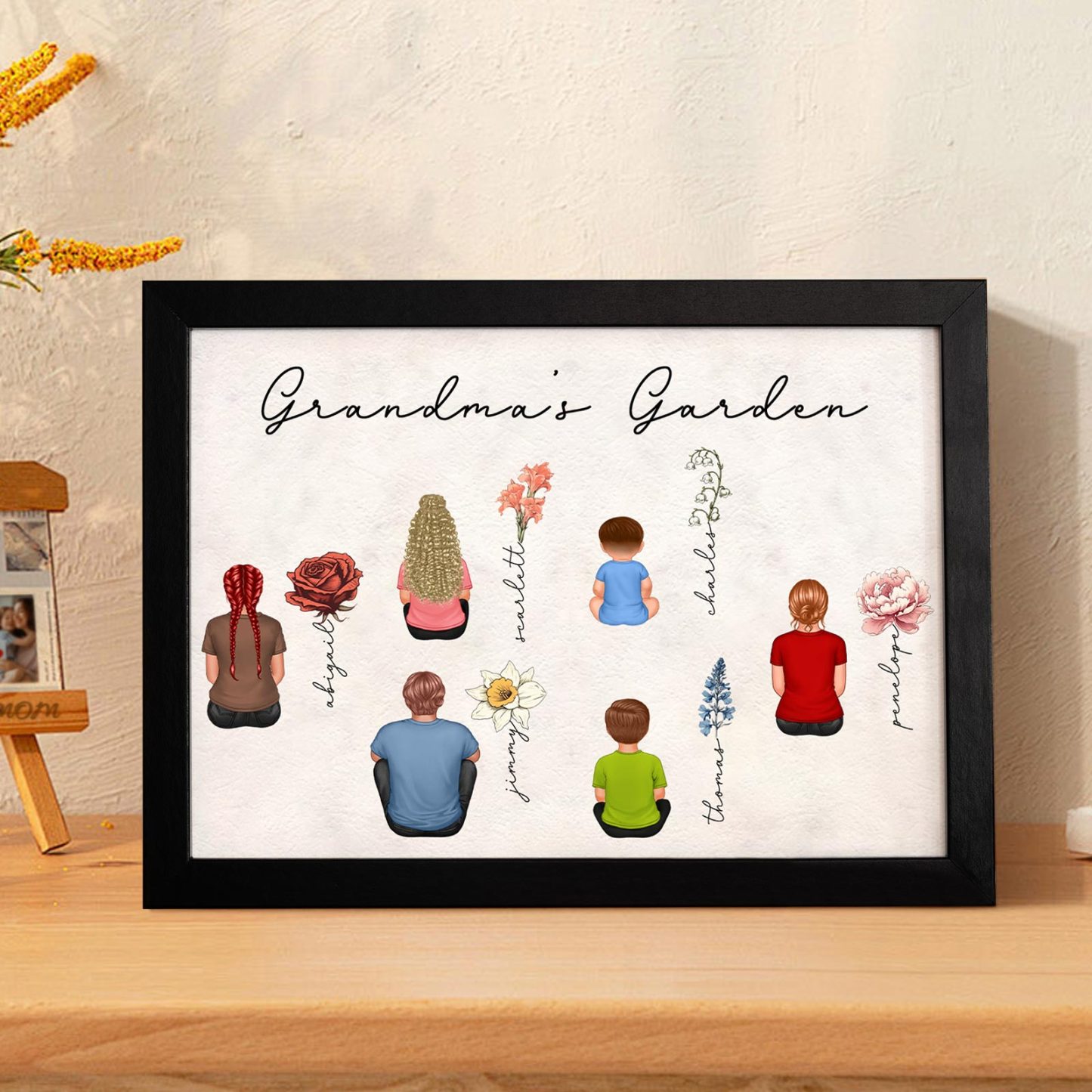 Custom Birth Month Flowers Garden With Grandkids Names Personalized Wooden Photo Frame Mother's Day Gift - MyFaceBoxerUK