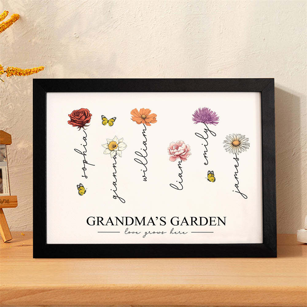 Custom Birth Month Flowers Garden With Grandkids Names Love Grows Here Personalized Wooden Photo Frame Mother's Day Gift - MyFaceBoxerUK