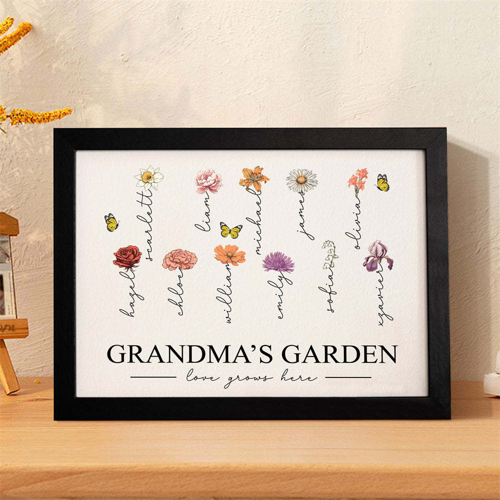 Custom Birth Month Flowers Garden With Grandkids Names Love Grows Here Personalized Wooden Photo Frame Mother's Day Gift - MyFaceBoxerUK