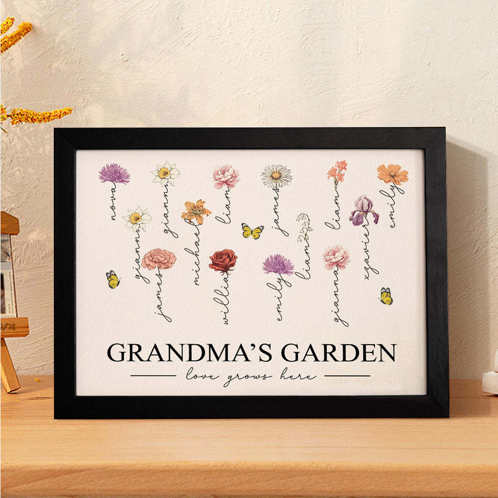 Custom Birth Month Flowers Garden With Grandkids Names Love Grows Here Personalized Wooden Photo Frame Mother's Day Gift - MyFaceBoxerUK