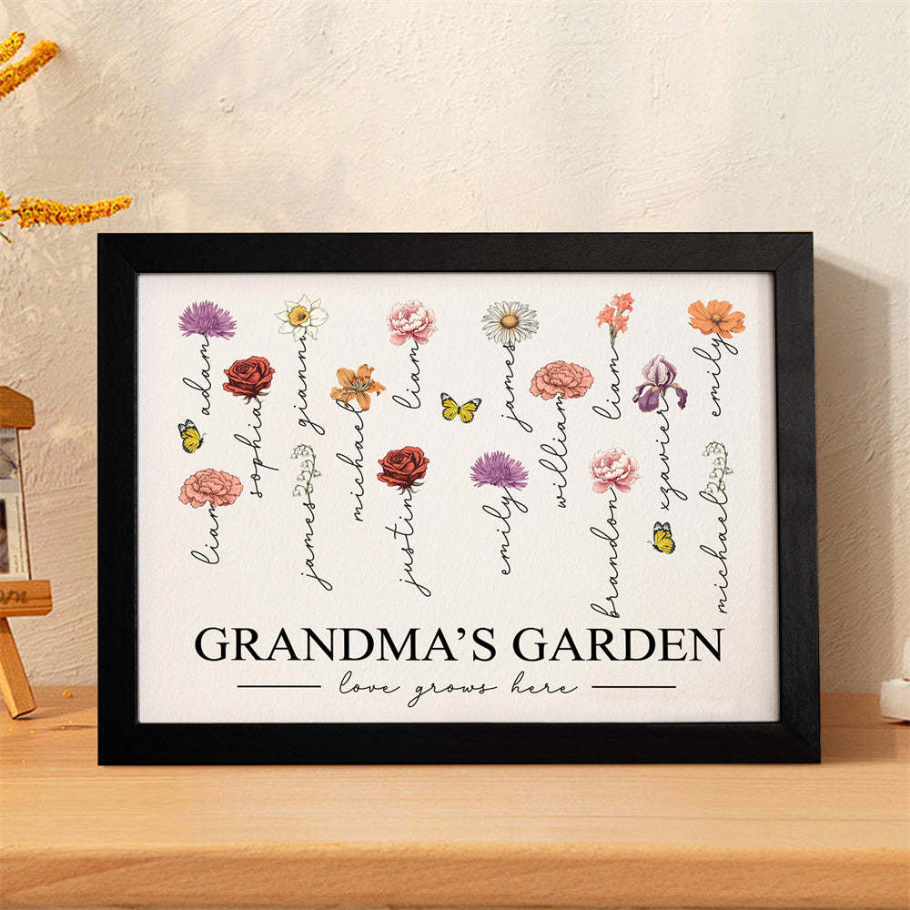 Custom Birth Month Flowers Garden With Grandkids Names Love Grows Here Personalized Wooden Photo Frame Mother's Day Gift - MyFaceBoxerUK
