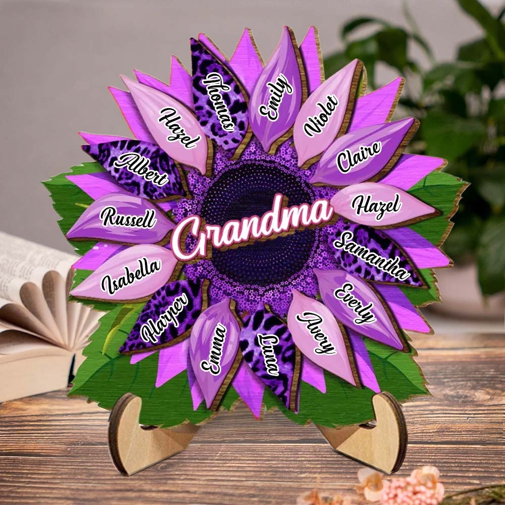 Nana, Mom, Auntie Sunflower - Birthday, Loving Gift for Mom, Grandma Family Home Decor Personalized 2 Layered Wooden Plaque With Stand - MyFaceBoxerUK