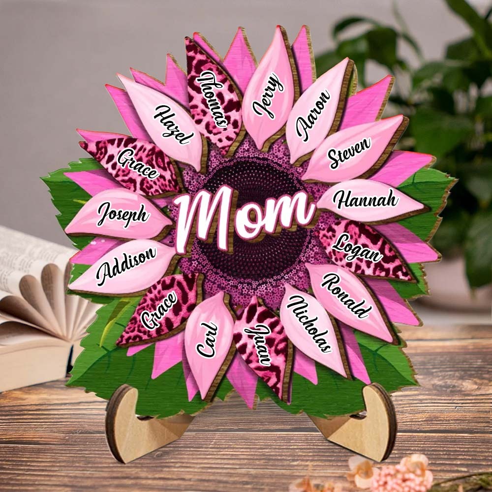 Nana, Mom, Auntie Sunflower - Birthday, Loving Gift for Mom, Grandma Family Home Decor Personalized 2 Layered Wooden Plaque With Stand - MyFaceBoxerUK