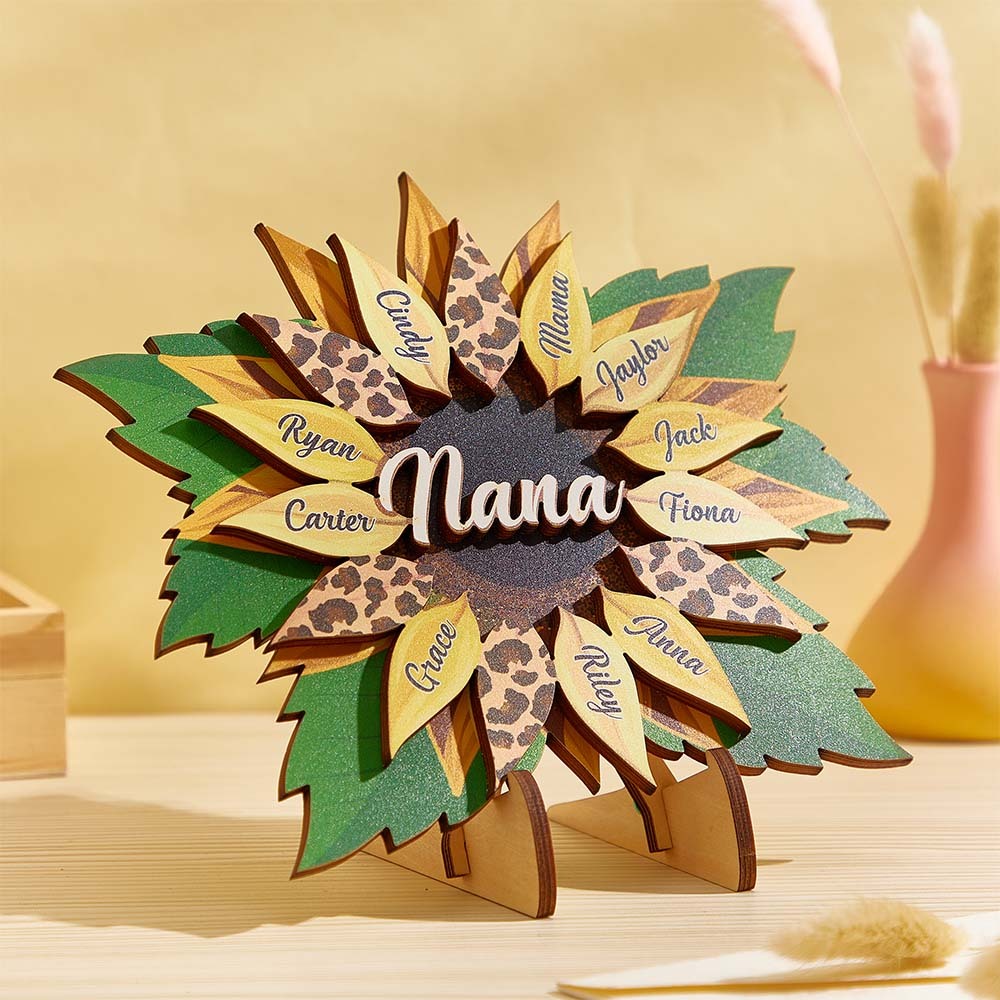 Nana, Mom, Auntie Sunflower - Birthday, Loving Gift for Mom, Grandma Family Home Decor Personalized 2 Layered Wooden Plaque With Stand - MyFaceBoxerUK