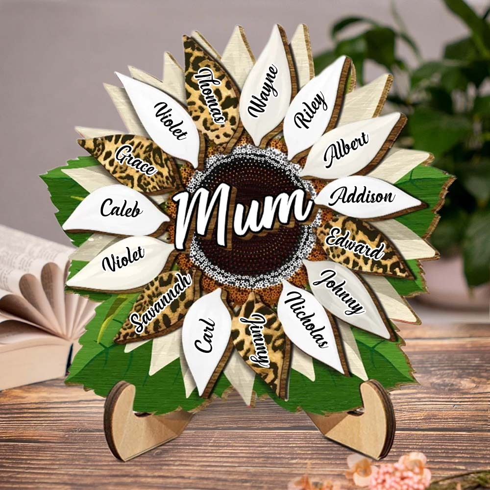 Nana, Mom, Auntie Sunflower - Birthday, Loving Gift for Mom, Grandma Family Home Decor Personalized 2 Layered Wooden Plaque With Stand - MyFaceBoxerUK