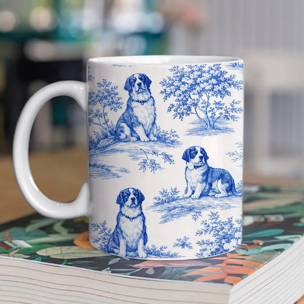 Bernese Mountain Dog Toile de Jouy Mug- Elegant Blue French Toile Coffee Cup Gifts for Berner Mom, Dog Lovers Chinoiserie Ceramic Tea Cup