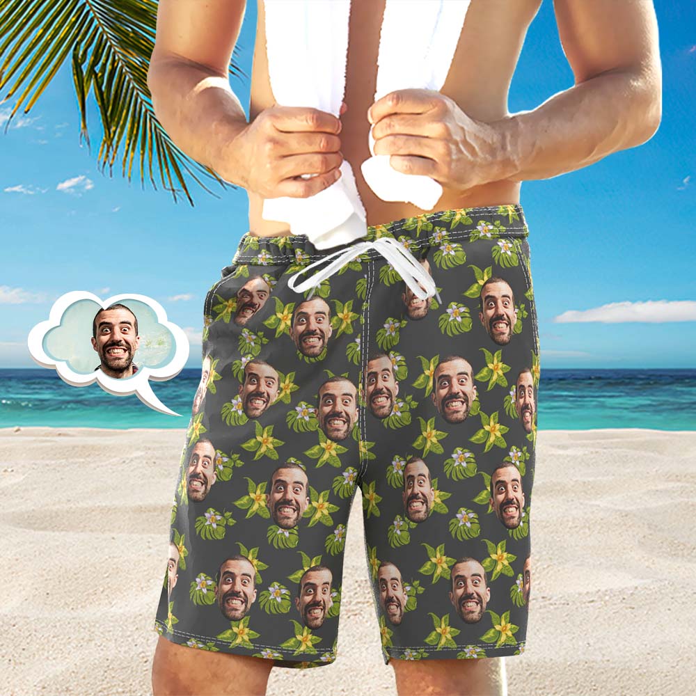 Men's Custom Face Beach Trunks All Over Print Photo Shorts - Green And White Flower	 - MyFaceBoxerUK