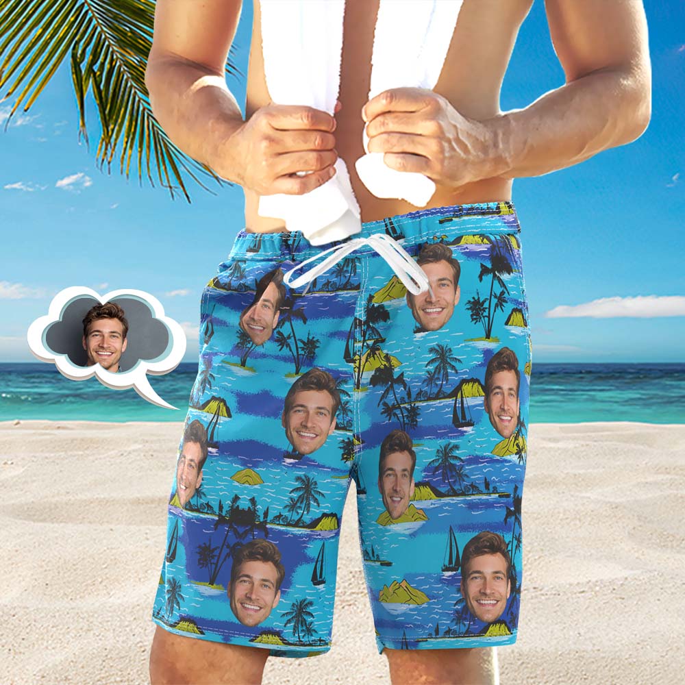Men's Custom Face Beach Trunks All Over Print Photo Shorts - Tropical Island	 - MyFaceBoxerUK