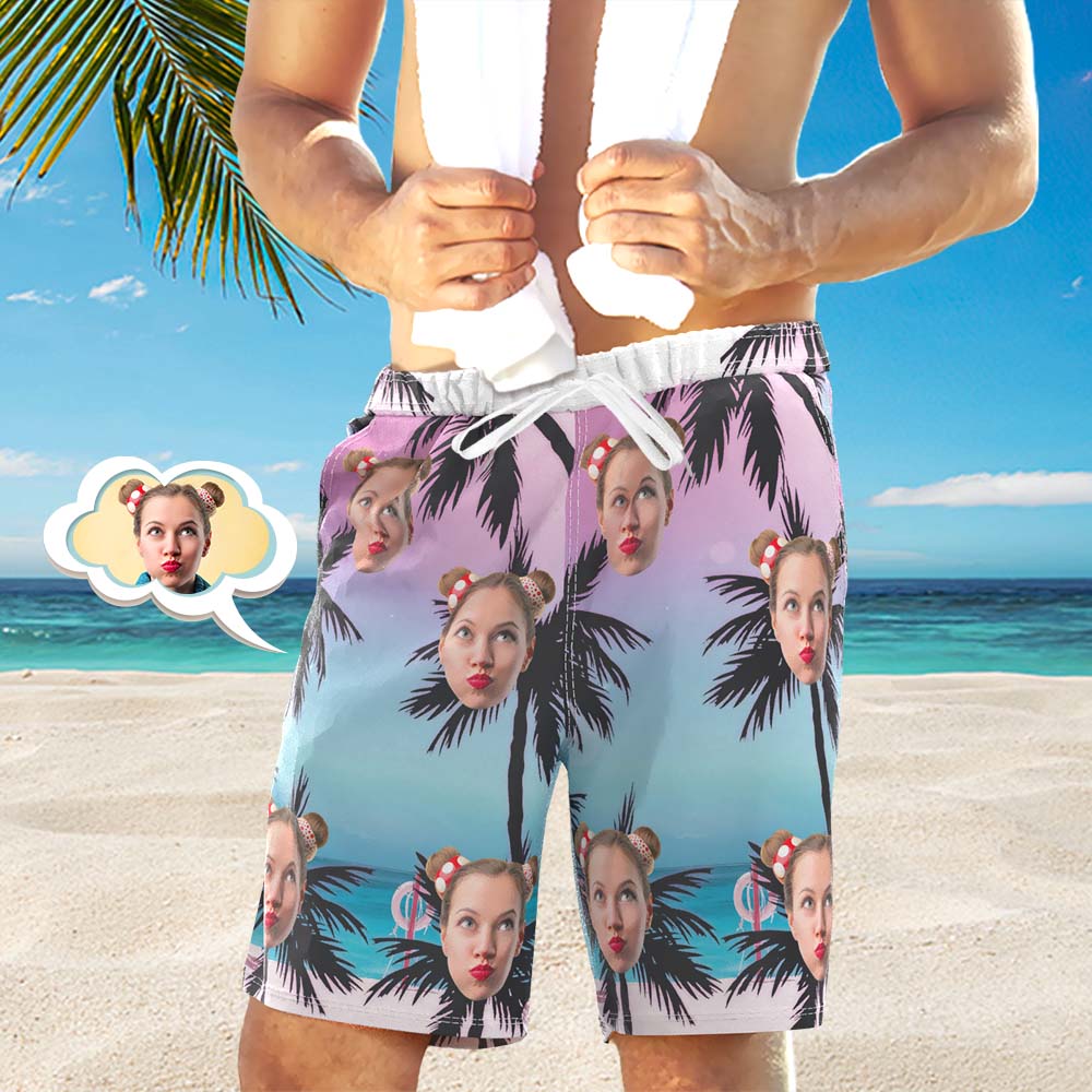 Men's Custom Face Beach Trunks All Over Print Photo Shorts - Palm	 - MyFaceBoxerUK