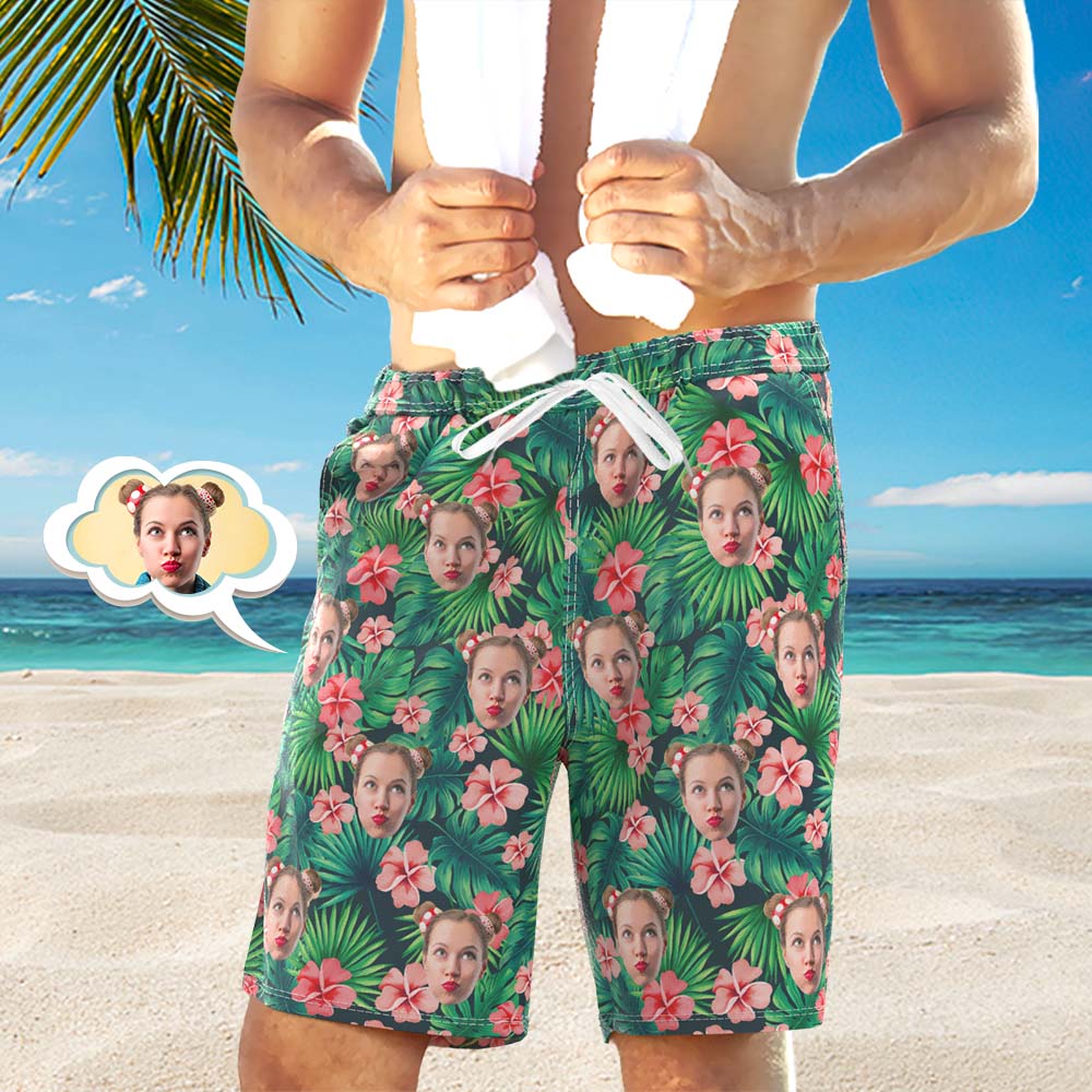 Men's Custom Face Beach Trunks All Over Print Photo Shorts - Green Leaves And Flowers	 - MyFaceBoxerUK