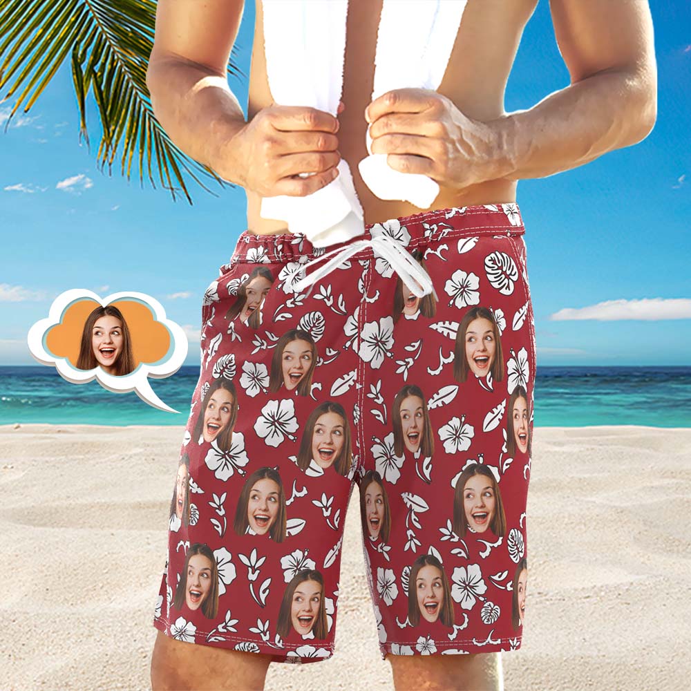 Men's Custom Face Beach Trunks All Over Print Photo Shorts Red	 - MyFaceBoxerUK