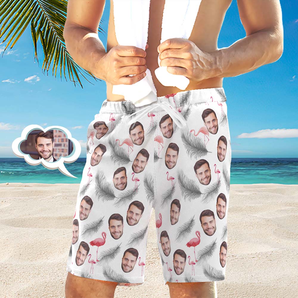 Men's Custom Face Beach Trunks All Over Print Photo Shorts - Feather And Flamingo White	 - MyFaceBoxerUK