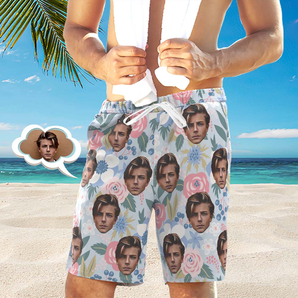 Custom Men's Beach Shorts Custom Face Shorts Floral Design	 - MyFaceBoxerUK