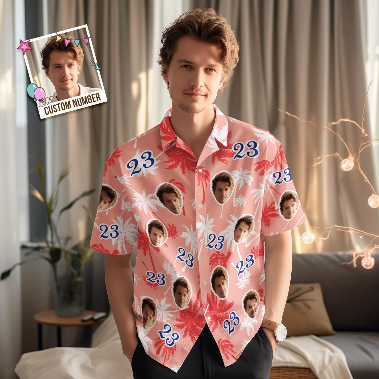 Custom Face And Number Birthday Hawaiian Shirts Red And White Coconut Tree Shirts - MyFaceBoxerUK