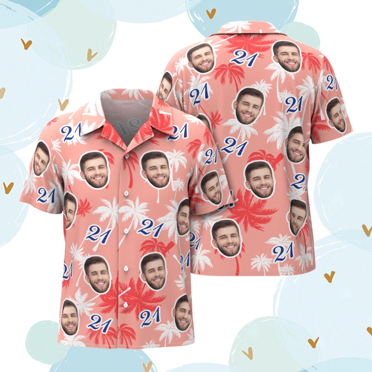 Custom Face And Number Birthday Hawaiian Shirts Red And White Coconut Tree Shirts - MyFaceBoxerUK