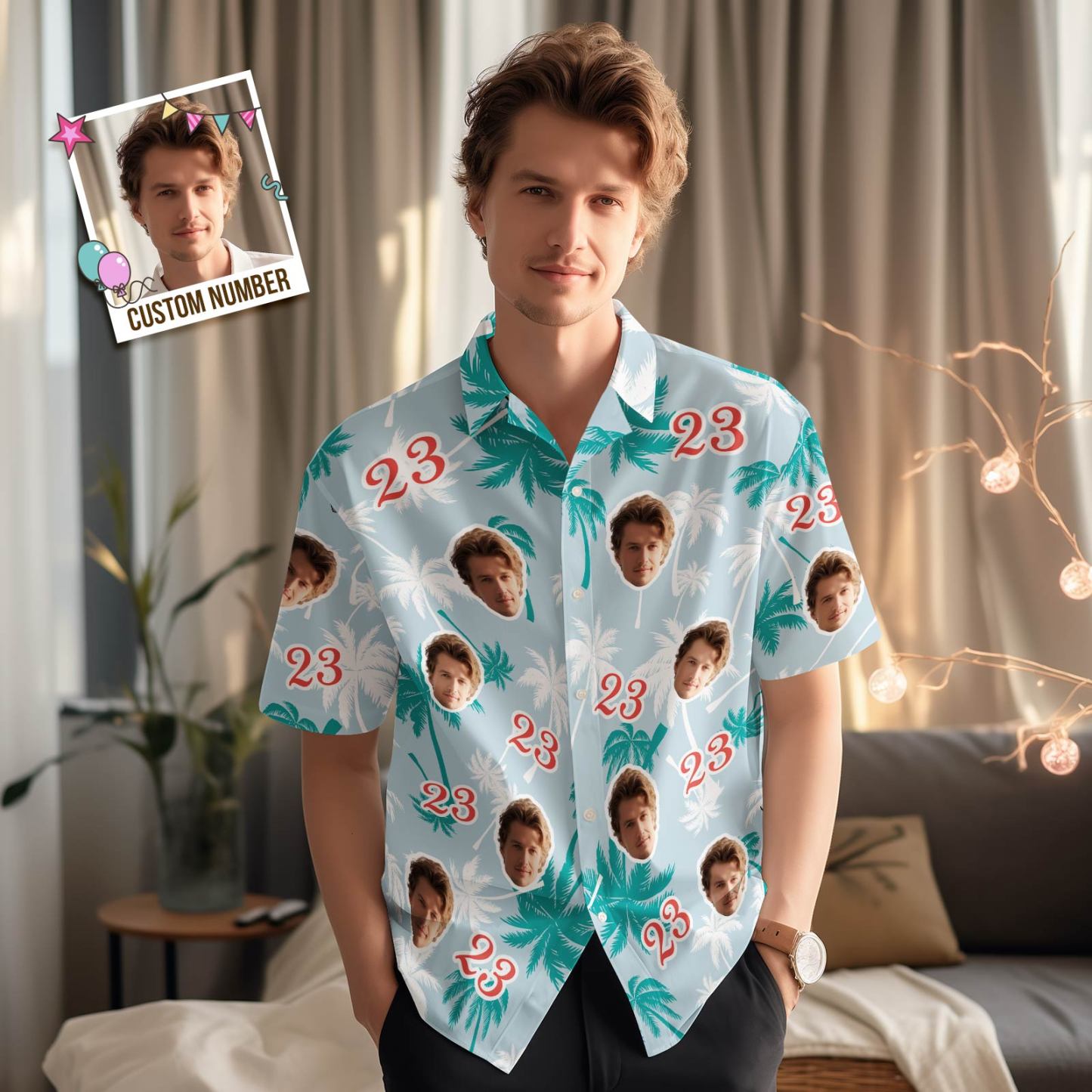 Custom Face And Number Birthday Hawaiian Shirts Red And White Coconut Tree Shirts - MyFaceBoxerUK