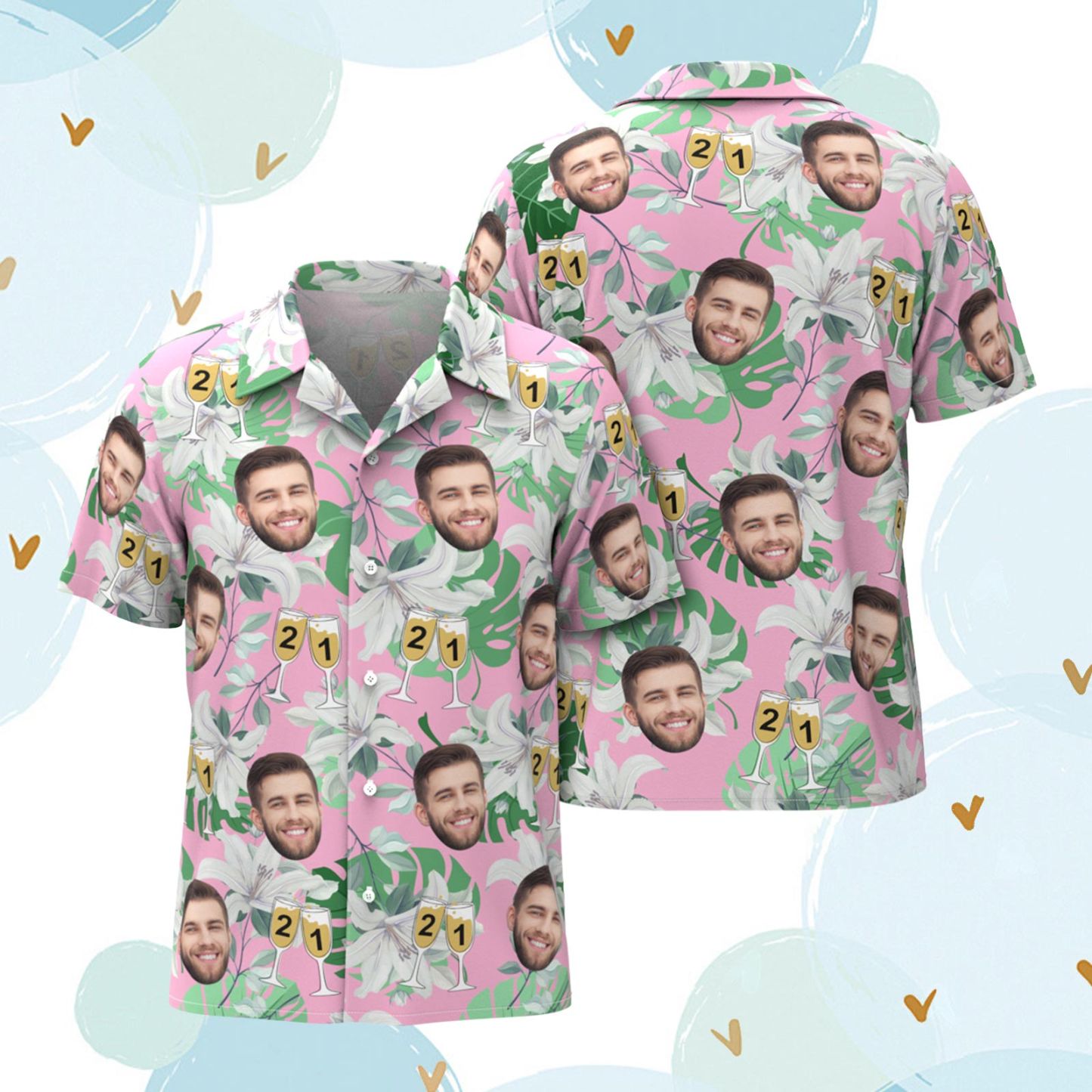 Custom Face Hawaiian Shirt Number in Wine Glass Pink And Green Sleeves Face Hawaiian Shirt Gift for Him - MyFaceBoxerUK