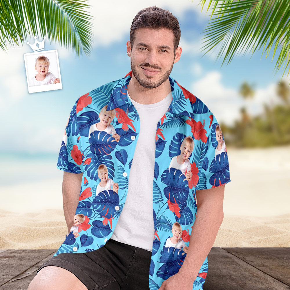 Custom Kids Face Hawaiian Shirt Personalized Tropical Blue Shirts Men's All Over Print Hawaiian Shirt for Dad