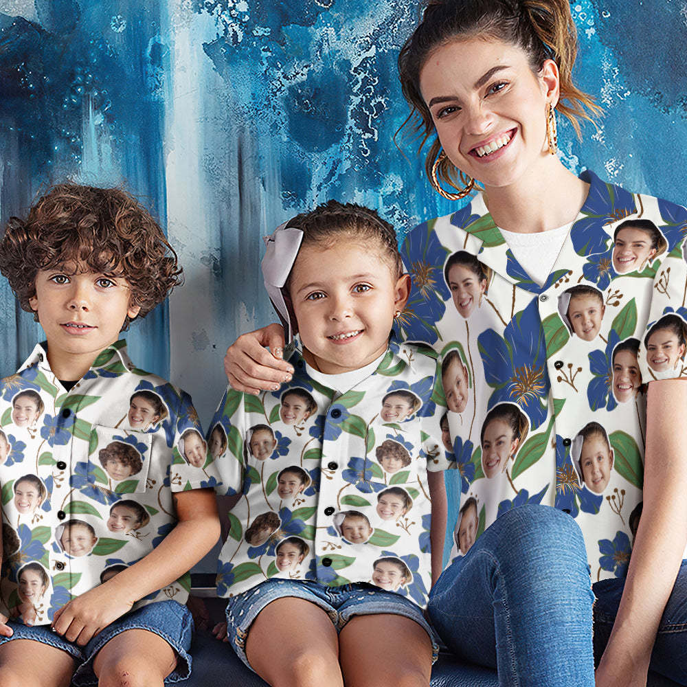 Custom Face Shirt Women's and Kids Hawaiian Shirts Short Sleeve Shirt Mother's Day Gift Blue Flowers - MyFaceBoxerUK