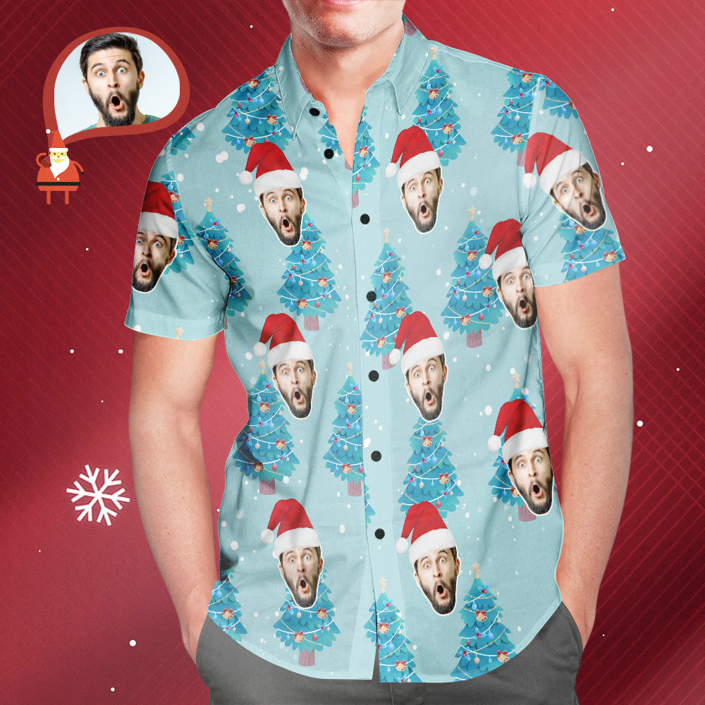 Custom Face All Over Print Blue Hawaiian Shirt Christmas Tree Style Gift for Him	 - MyFaceBoxerUK