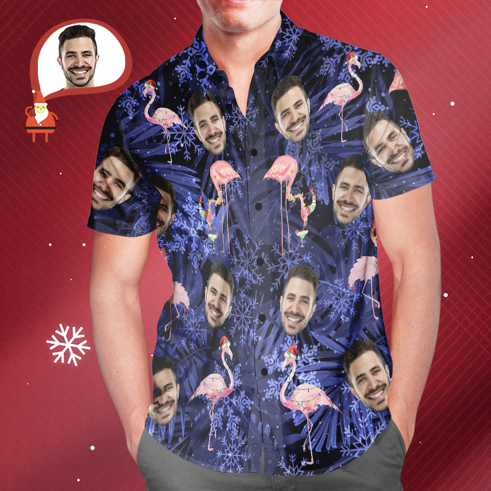 Custom Face Hawaiian Shirts Personalised Photo Flamingo On Christmas Shirt For Men	 - MyFaceBoxerUK