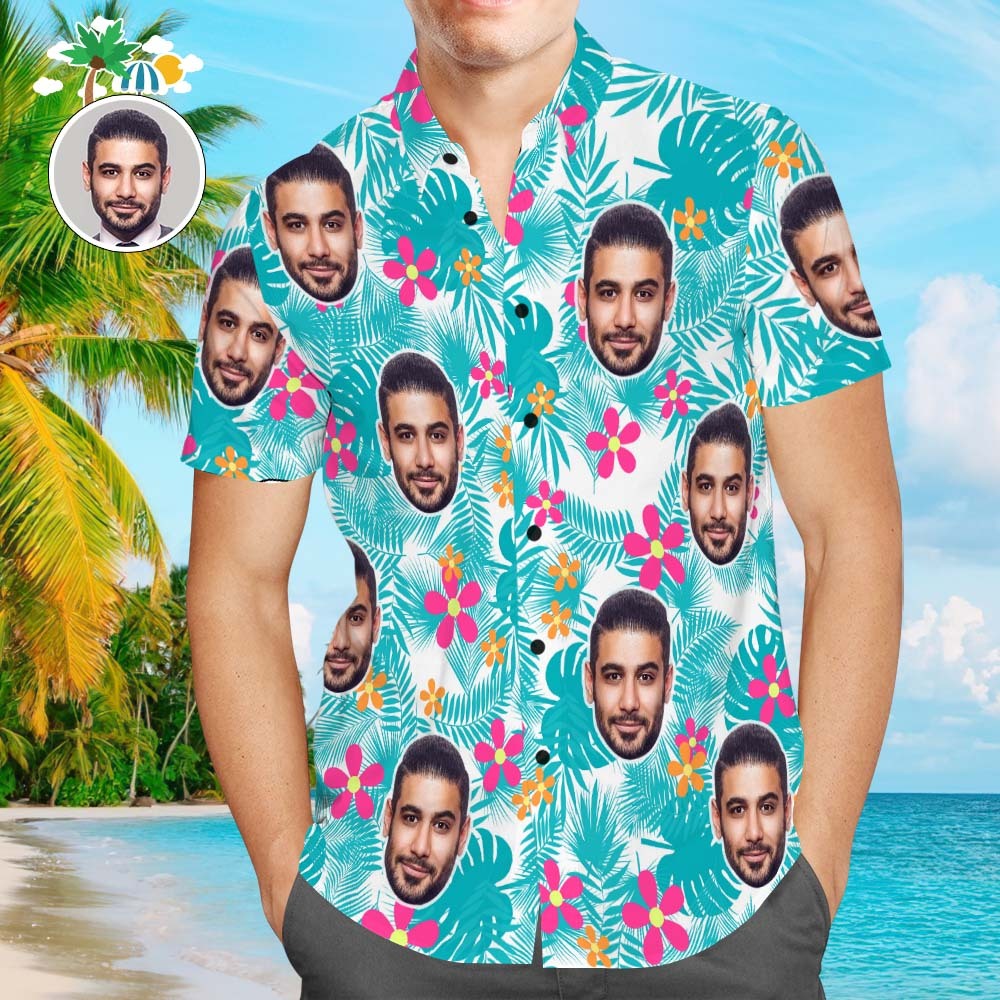 Custom Face Men's All Over Print Aloha Hawaiian Shirt Cute Flowers and Leaves - MyFaceBoxerUK