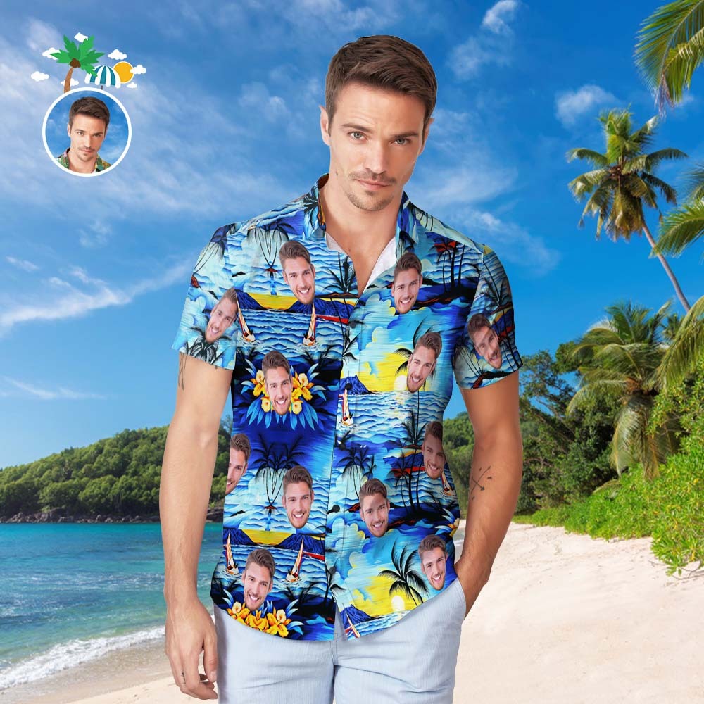 Custom Face Hawaiian Shirt Men's Popular All Over Print Hawaiian Beach Shirt Gift - Romantic Sea View	 - MyFaceBoxerUK