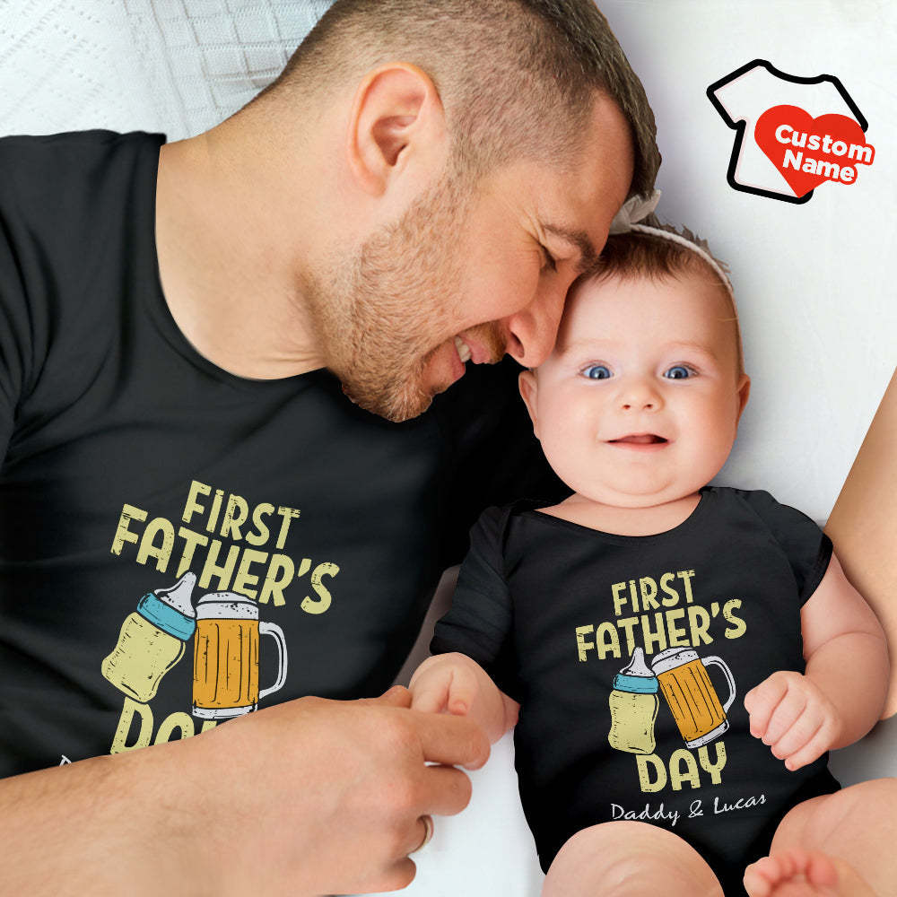 Custom Name Shirt First Father's Day Gifts For Dad Baby Bottle Daddy And Baby Matching Outfits - MyFaceBoxerUK