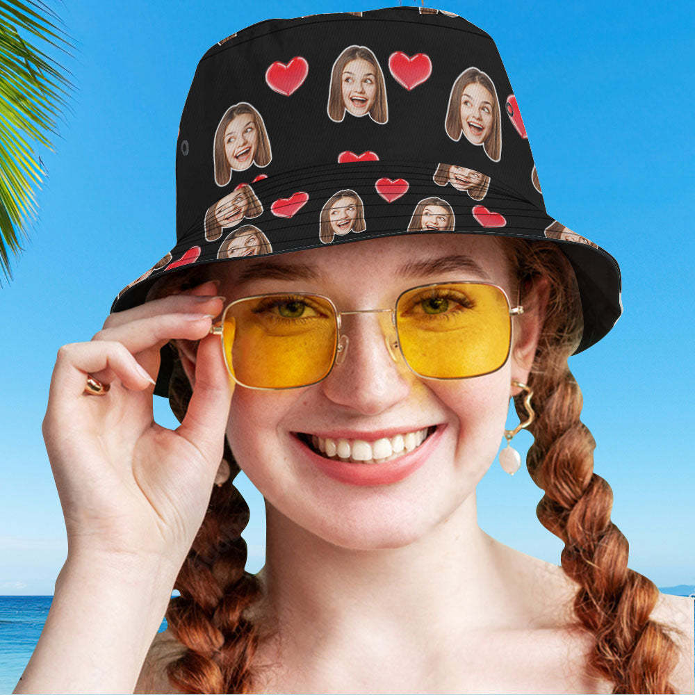 Custom Your Photo Face And Pet Summer Bucket Hat Fisherman Hat - Heart Black - MyFaceBoxerUK