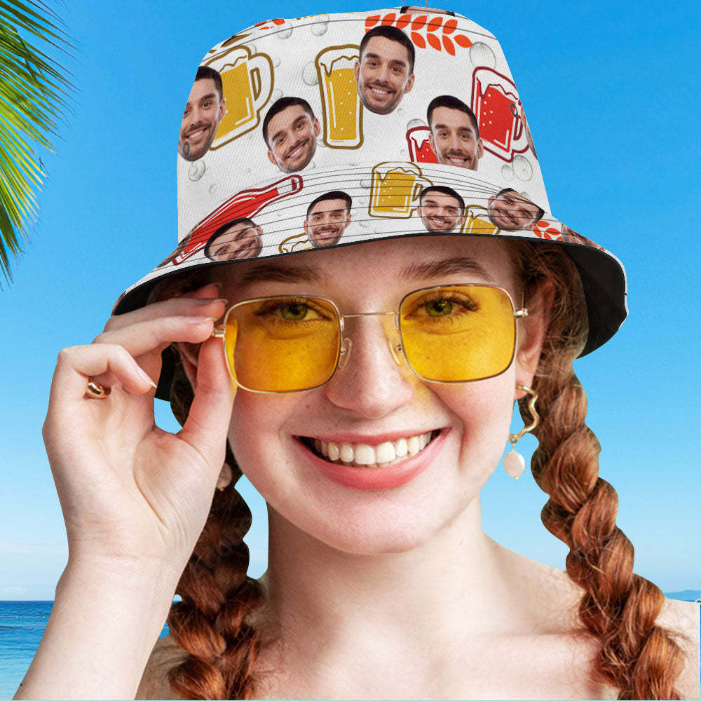 Custom Bucket Hat Personalize Face Beer Bucket Hat Summer Wide Brim Fisherman Hat Gifts - MyFaceBoxerUK