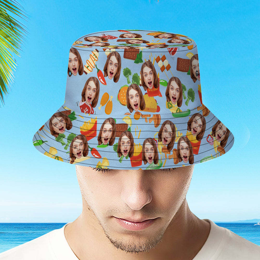 Custom Bucket Hat Personalize Face Food Bucket Hat Summer Wide Brim Fisherman Hat Gifts - MyFaceBoxerUK