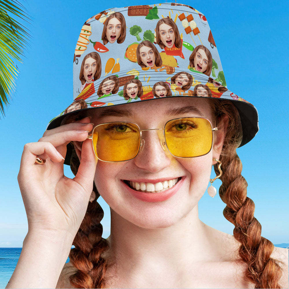 Custom Bucket Hat Personalize Face Food Bucket Hat Summer Wide Brim Fisherman Hat Gifts - MyFaceBoxerUK