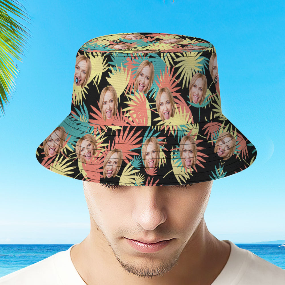 Custom Bucket Hat Personalized Face All Over Print Tropical Flower Print Hawaiian Fisherman Hat - Leaves	 - MyFaceBoxerUK