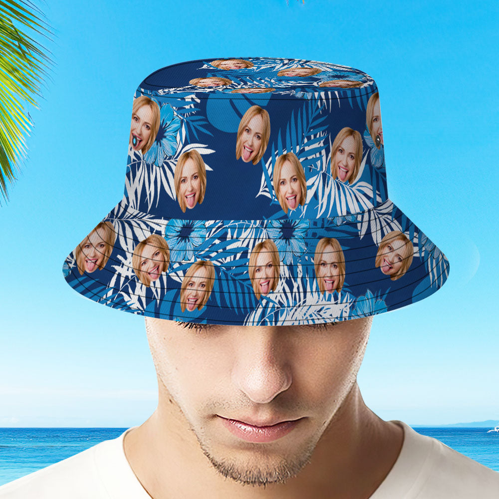 Custom Bucket Hat Personalized Face All Over Print Tropical Flower Print Hawaiian Fisherman Hat - Blue Leaves	 - MyFaceBoxerUK