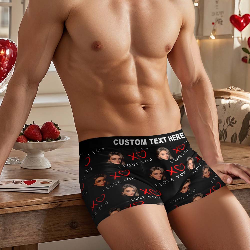 Valentine's Day Gifts Custom Face Men's Underwear I Love You XOXO Personalized Boxer Briefs Gifts for Him Waistband Text Boxers - MyfaceboxerUK